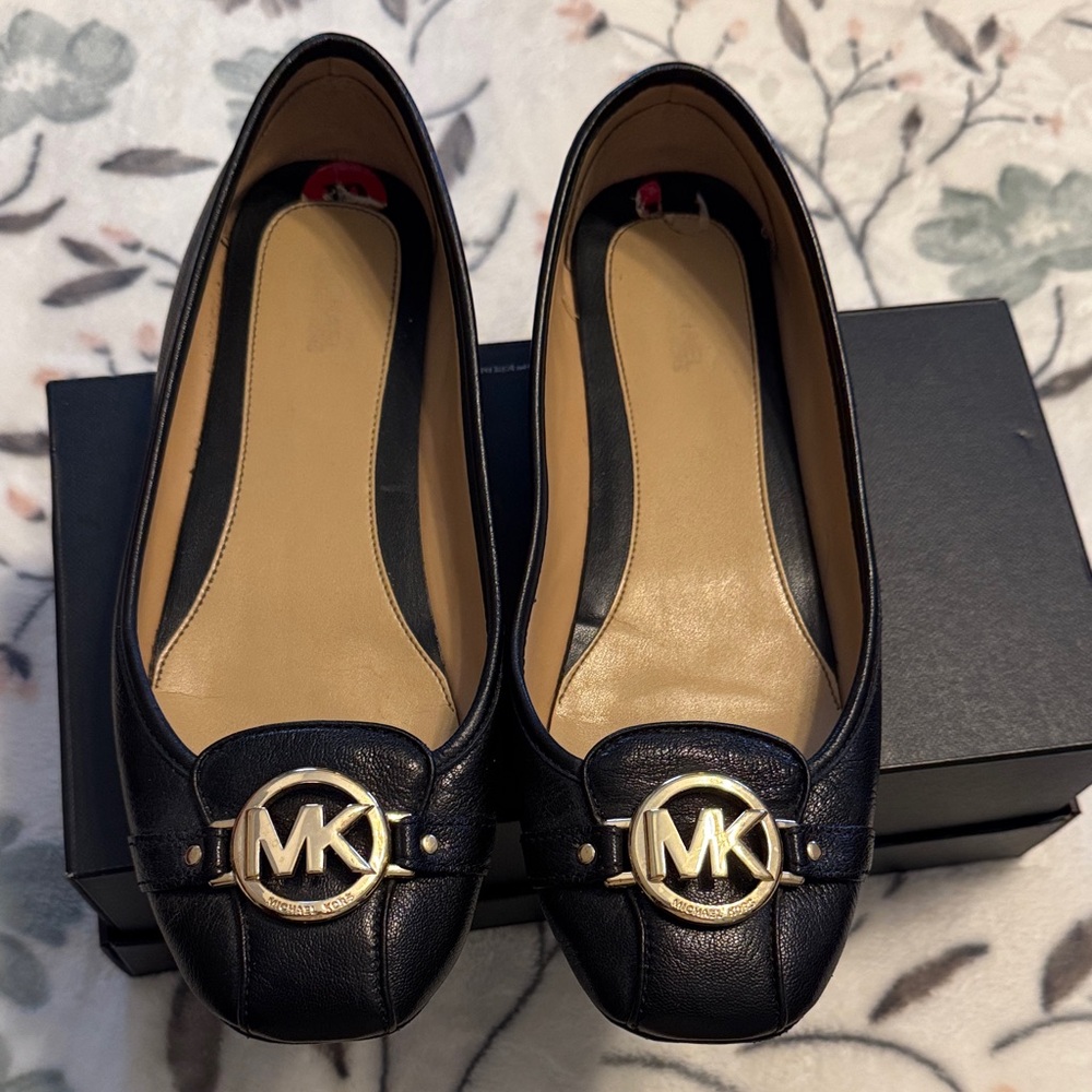 Michael Kors Black Leather Flats with Gold Logo